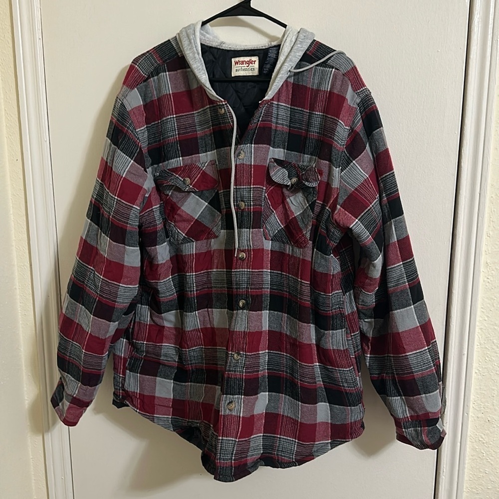 EUC Wrangler Plaid Button‎ Down Flannel Hoodie Jacket XL